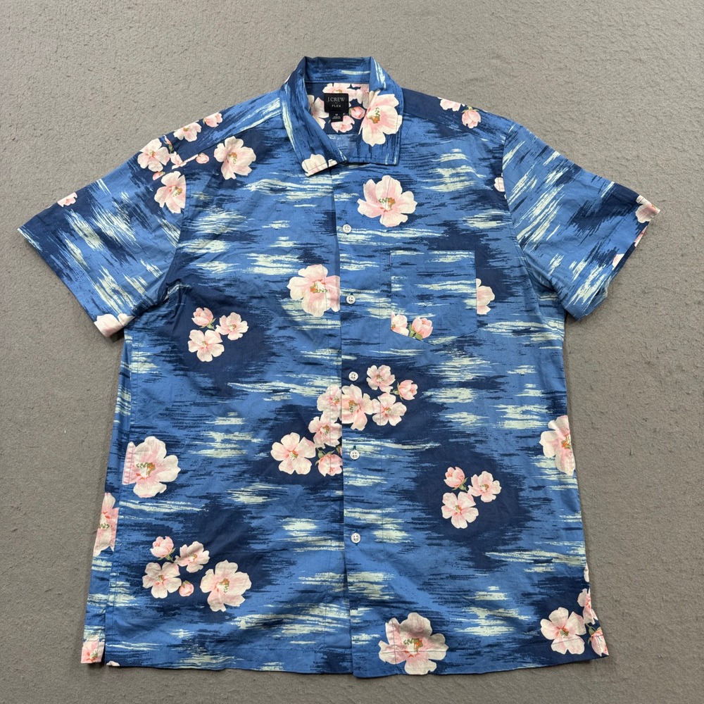J Crew Shirt Men's Medium Blue Floral Graphic Flex Short Sleeve Summer Hawaiian